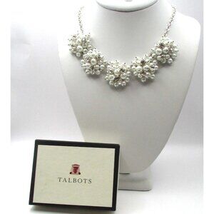Talbots Faux White Pearls Prong Rhinestones Cluster Floral  Necklace New in Box
